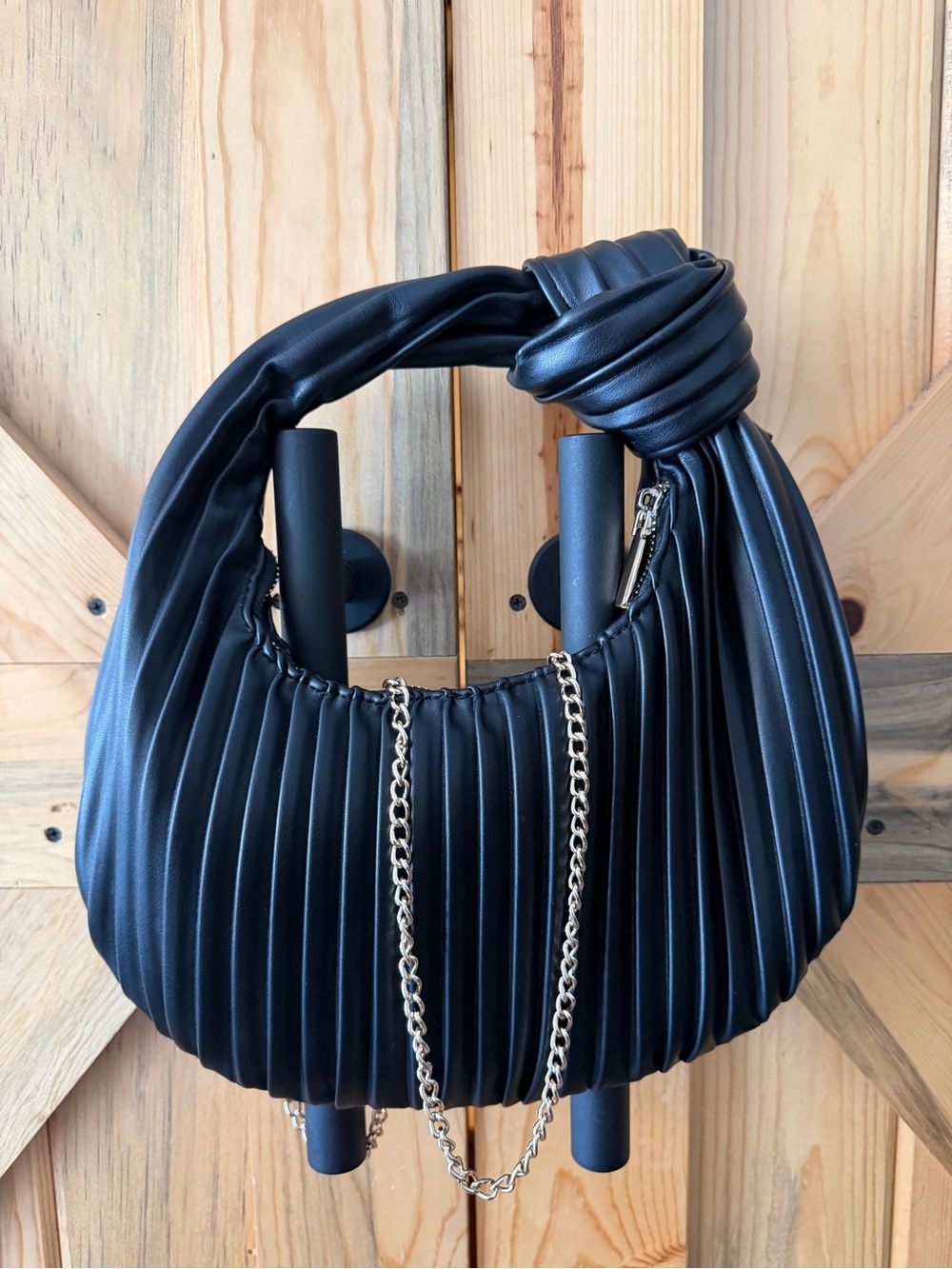 Sincerly Jules Black Pleated Hobo with Knotted Handle and Gold Chain